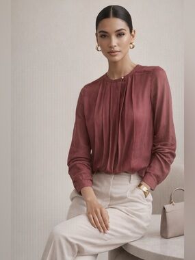 Babaton Aritzia Sheer Silk Burgundy Pleated Long-Sleeve Crew Neck Blouse XS